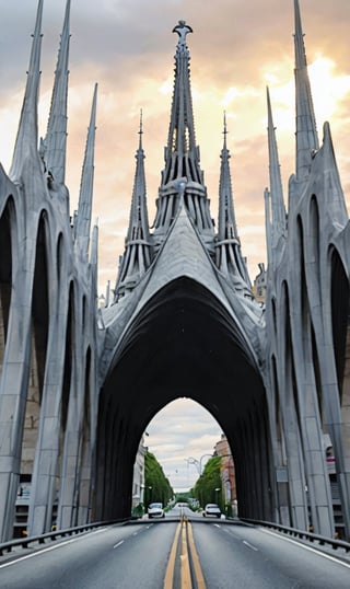 monument on a 10 lane highway, the monument takes from one side to the other, as if the highway was a river and the monument was a bridge, Gaudi and Calatrava style monument, the sky is overcast and it is sunset time, the cars pass by the highway, professional photography, made with a Nikon D810 camera and a fixed 20 mm lens and bright.