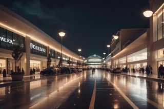 cinematic film still photo ,modern architectural design of shopping mall, broad lighting ,((a modern shopping mall exterior design)) ,night time ,cars, pedesterian,wet asphalt ,long camera exposure,(masterpiece, best quality), over shoulder view, photorealistic, 8k,,bokeh, cinemascope, moody, epic, gorgeous, film grain, grainy, 