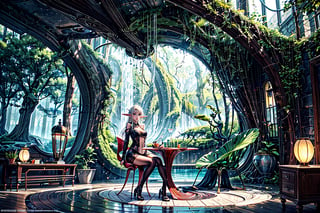 "Generate a striking and imaginative scene , a young girl in a futuristic biomorphic living room. The living room should have an organic, otherworldly design, with furniture and elements that resemble natural forms, such as plant-like chairs, biomorphic tables, and walls that seem to flow like water or resemble tree bark.,wrench_elven_arch