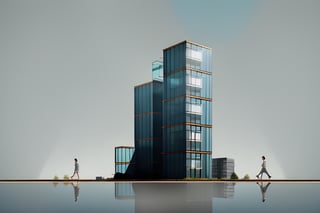 Classic Style ,(((a grouo of high rise complex buildings))),( on a lake), ((pale (blue glass wall)), (brown cladding roof )), (golden features at balcony ),(blue sky trees at landscape), (2 korean girls walking at outdoor),(((photo realistic))),