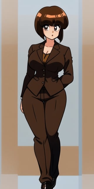 Tendou Nabiki, short_hair,  bangs, large_breasts, brown_hair, brown, solo, business suit, tan pants, big butt, thicc_hips ,back_view, looking_at_viewer