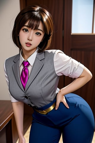 TendouNabiki, grey blue business suit, violet pants, pink tie, red belt with gold ring in the middle, short fluffy brown hair, brown eyes, thicc big hips, curvy_hips, big thicc diaper butt, looking at viewer, masterpiece, best quality, detailed face, detailed eyes, highres,