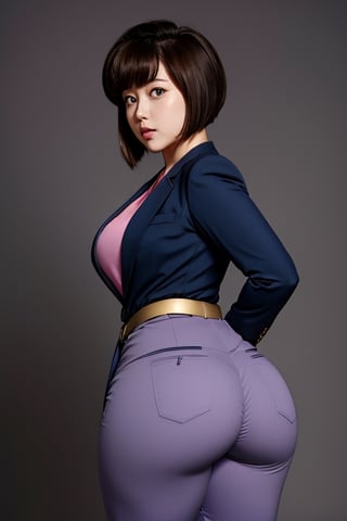 TendouNabiki, grey blue business suit, violet pants, pink tie, red belt with gold ring in the middle, short fluffy brown hair, brown eyes, thicc big hips, curvy_hips, big thicc diaper butt, hands on butt, back view, masterpiece, best quality, detailed face, detailed eyes, highres,