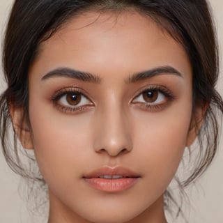 Generate hyper realistic face of a beautiful Indian woman with black-brown hair,beautiful eyes and straight delicate nose , no makeup , natural tanned skin,from front,facing camera,clear face, nothing on face,perfect face shape