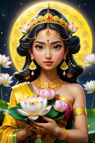 Godess mahalaxmi devi with saree flower and gold coins, sysmtry, meditating on a big lotus, big royal uncropped crown, royal jewelry, beautiful And Charming, Metaphysical Symbolism, Enlightenment, Baroque Ukiyo Art, Wlop , A Yellow Moon, Cloudy Night, Suspension, Ominous, Landscape, Elaborate starry night, Dynamic Lighting ,Hyperdetailed Intricately Detailed Full-Color bangkok, shiny star, Oil On Canvas ,chinese face, portrait, Embarrassed Expression,detailmaster2,Holding a bouquet of lotus flowers in the right hand and a yellow glowing glass bead in the left hand,full body