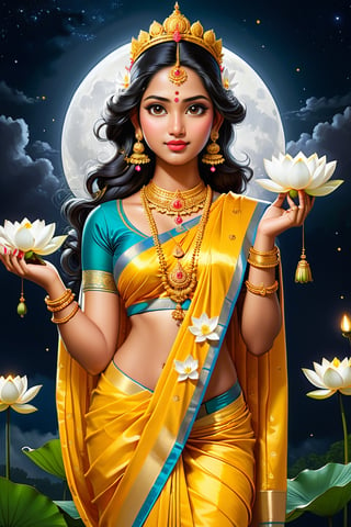 Godess mahalaxmi devi with saree flower and gold coins, sysmtry, meditating on a big lotus, big royal uncropped crown, royal jewelry, beautiful And Charming, Metaphysical Symbolism, Enlightenment, Baroque Ukiyo Art, Wlop , A Yellow Moon, Cloudy Night, Suspension, Ominous, Landscape, Elaborate starry night, Dynamic Lighting ,Hyperdetailed Intricately Detailed Full-Color bangkok, shiny star, Oil On Canvas ,india face, portrait, Embarrassed Expression,detailmaster2,Holding a bouquet of lotus flowers in the right hand and a glowing ball in the left hand