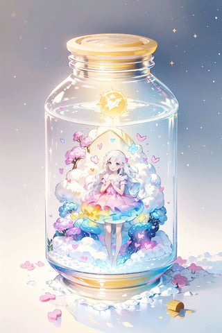 ((magical girl, white hair, rainbow eyes, doll dress, short dress, long hair, small breasts, pale skin, soft skin, colorful snow background, rainbow, hearts, snow, snowing, ice, pastel, sun)), (masterpiece, best quality:1.2), fluffy, soft, light, bright, sparkles, twinkle, slightly downcast eyes, cute, pink, purple, (crystals), (on toy figure stand), glass bottle,  jar, gib\(concept\),bottle,kawaiitech, clouds