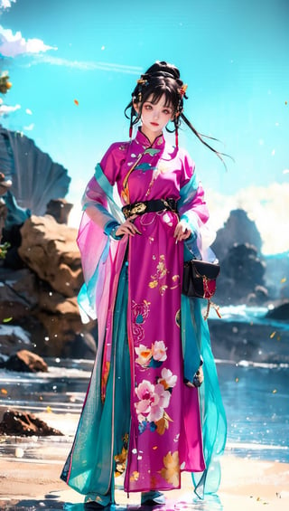 JinxLol,mature female,1girl, solo,looking at viewer, gloves, fingerless gloves,cheongsam, character name, looking at viewer, gun, belt,outdoors,lora:JinxLolEp8dim8:1, lora:JinxLol:1,wearing cheongsam,one piece,Holding a fan in one hand, JeeSoo,