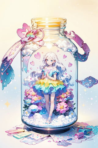 ((magical girl, white hair, rainbow eyes, doll dress, short dress, long hair, small breasts, pale skin, soft skin, colorful snow background, rainbow, hearts, snow, snowing, ice, pastel, sun)), (masterpiece, best quality:1.2), fluffy, soft, light, bright, sparkles, twinkle, slightly downcast eyes, cute, pink, purple, (crystals), (on toy figure stand), glass bottle,  jar, gib\(concept\),bottle,kawaiitech, clouds