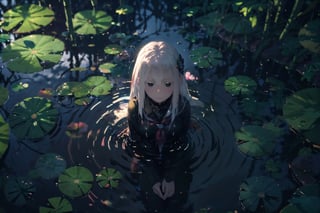 (masterpiece), 1girl, sexy, in pond, light beam, particles, lily pads, lotus flowers, (blurry background), dramatic lighting, wet, dappled sunlight, from above, serafuku, echidna, white hair 