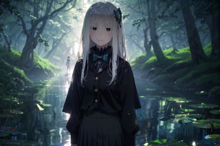 (masterpiece,best quality,ultra_detailed,highres,absurdres:1.2),  1girl, standing in the pond, Super-detailed water, light beam, particles, lily pads, lotus flowers, blurry background, dramatic lighting, wet, (dappled sunlight), echidna, white hair, hair between eyes, hairclip, (colored eyelashes:1.1), school uniform, blue jacket, pleated skirt, collared shirt, bowtie, smile, looking at viewer, Detail, better_hand