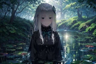 (masterpiece,best quality,ultra_detailed,highres,absurdres:1.2), 1girl, in the pond, Super-detailed water, light beam, particles, lily pads, lotus flowers, blurry background, (dramatic lighting), wet, (wet clothing), (dappled sunlight), echidna, white hair, hair between eyes, hairclip, (colored eyelashes:1.1), school uniform, blue jacket, pleated skirt, collared shirt, bowtie, smile, looking at viewer, Detail , better_hand