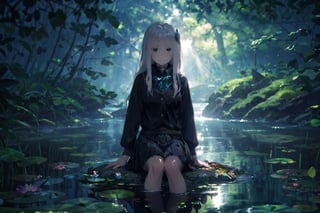 ((masterpiece)),((detailed)), 1girl, sitting in the pond, Super-detailed water, (light beam), particles, lily pads, lotus flowers, blurry background, (dramatic lighting), wet, (dappled sunligh)t, echidna, white hair, hair between eyes, hairclip, (colored eyelashes:1.1), school uniform, blue jacket, pleated skirt, collared shirt, bowtie, smile, looking at viewer,Detail