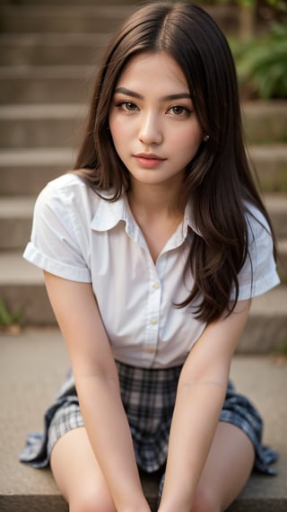 A high school girl, dressed in her crisp school uniform, sits effortlessly on the worn stone stairs. Soft morning light casts a warm glow on her delicate features and highlights the intricate details of her uniform. The camera captures her from directly above, emphasizing the subtle curves of her face and the sharp lines of her bookbag. Her eyes sparkle with a quiet introspection, while her hands cradle a textbook as if lost in thought. Sharp focus on her face allows for an ultra-detailed rendering of every eyelash and freckle, as if she's about to step off the page.