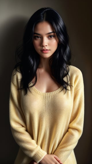 Captured in a raw, cinematic frame, this stunning woman stands tall, her raven-black hair cascading down the sides of her face. Her delicate features and bright, expressive eyes are set against a soft yellow sweater that complements her porcelain skin. Dramatic lighting casts deep shadows, accentuating every curve and contour. The camera's focus is on her full figure, from the subtle goosebumps on her arms to the gentle blush on her cheeks. Subsurface scattering imbues her skin with a lifelike texture, as if you could reach out and touch its smoothness.