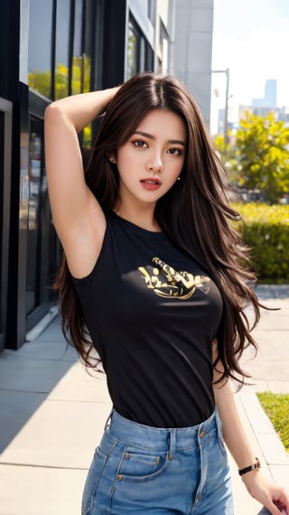 masterpiece, realistic, high quality, cute 1girl,solo,looking at viewer,long hair,open mouth,brown hair,black hair,t-shirt,armpits,lips,mole under eye,nose