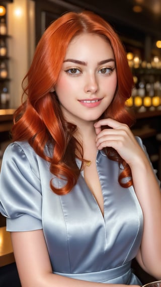 Close-up shot of a stunning 23-year-old turkey woman, dressed in a elegant blouse, sips on a drink at a dimly lit bar. Her bright ginger hair cascades down her porcelain skin as she flashes a radiant smile, showcasing her perfectly aligned features and captivating gaze. The cinematic lighting casts a warm glow on her very beautiful lady-like face, captured with raw, unfiltered intimacy.