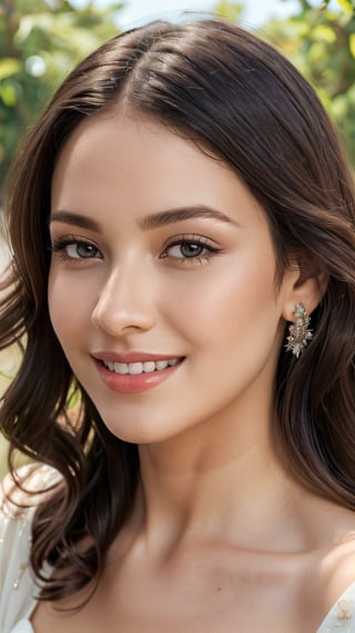 (best quality,4k,8k,highres,masterpiece:1.2),ultra-detailed,(realistic,photorealistic,photo-realistic:1.37),beautiful smile,smiling face,detailed eyes,detailed lips,delicate nose,freckles,soft skin,brown wavy hair,elegant posture,feminine charm,graceful dress,fine details,gorgeous background,vibrant colors,subtle lighting,portraits