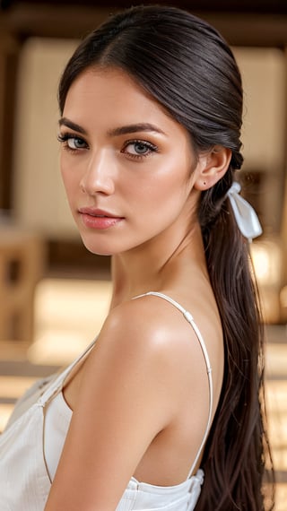 Create a softened depiction of a girl resembling Leah McNamara, dressed in a medieval white maid's outfit with neatly tied hair. Apply a moderate amount of makeup, featuring subtle orange tones on the cheeks, natural-looking eyebrows, and a gentle downward gaze. Keep the overall makeup light, with a touch of foundation for a soft and natural appearance. The lips can be painted in a gentle, neutral tone, while the eyes receive a light touch of eyeshadow and eyeliner for a more subdued effect. Strive for a sweet and approachable look, maintaining the essence of a medieval maid-inspired appearance with a milder and more charming touch.