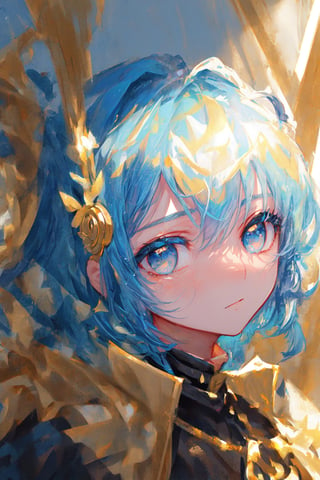 masterpiece, best quality, ultra-detailed, illustration, close-up, straight on, face focus, 1girl, blue hair, golden eyes, short hair, serene expression, looking at viewer