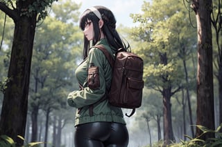 Anime, high quality ,woman in the forest , green jacket, black leather pants ,giant breasts , small brown backpack on the back , zombie infection ,long hair.,anime