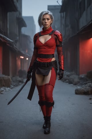 Potrait, a European female Shinobi, gray hair, cyberpunk samurai style, naked, red mesh clothes, without underwear, no pants, full body, combat status, in a battlefield, torn armor and clothing, set in Ghost city street, evening, epicdetailed, ultrasharp, style,flash shot, horor scfi, bokeh ,FLASH PHOTOGRAPHY,FilmGirl,REAL GIRL beta,concept