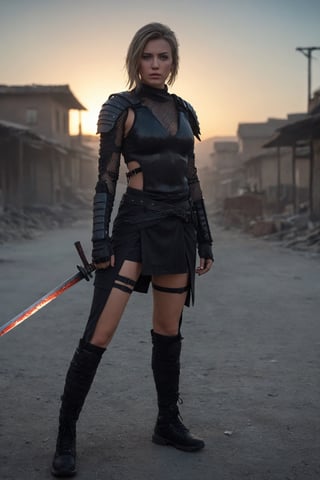 Potrait, a European female Shinobi, cyberpunk samurai style, naked, mesh clothes, without underwear, no pants, full body, combat status, in a battlefield, torn armor and clothing, holding a katana, set in Ghost town, evening, epicdetailed, ultrasharp, style,flash shot, horor scfi, bokeh ,FLASH PHOTOGRAPHY,FilmGirl,REAL GIRL beta