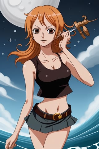 nami, karakter one piece, navigator, rambut coklat, payudara size f, croptop hitam, rok pendek hitam, kapal bajak laut, high quality, illustration