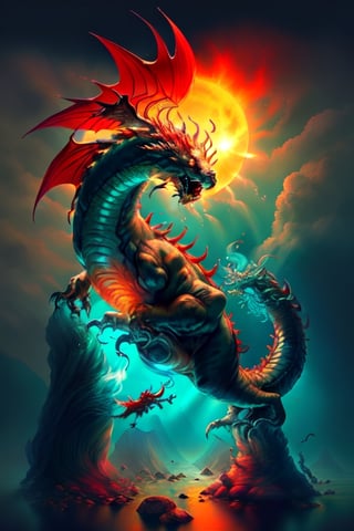 fluming sun dragon, fire, stone, sea, wings, illustration, high quality, expert illustration, 