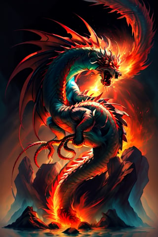 fluming sun dragon, fire, illustration, high quality