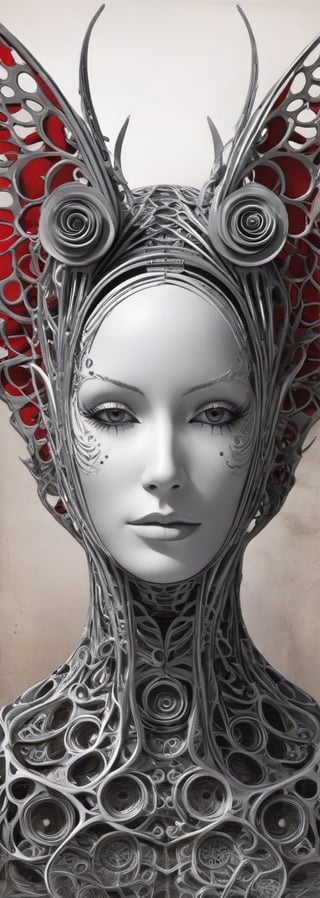 a woman wears and wears black dots on her head, in the style of futuristic fantasy, 3d, metallic sculpture, elegant, emotive faces, dark white and red and light silver, algorithmic artistry, high resolution,  a promotional stereogram picture capturing the enigmatic figure of an androgynous goth, The Mask of Lost Innocence, in watercolor style. Ultra-realistic, soft lighting, 128k, (embrace of a shimmering butterfly, holding a mirror reflecting distorted self-image, surrounded by vibrant haunting flowers in a dreamlike garden setting. The use of surrealism and symbolism to evoke a sense of longing and introspection. 30% watercolor, 40% digital art, 30% photomanipulation. Incorporate elements of the ethereal and otherworldly, blending the lines between reality and fantasy. Detailed and rich in texture, capturing the complexity and depth of the subject's emotions. Delicate, intricate, and evocative