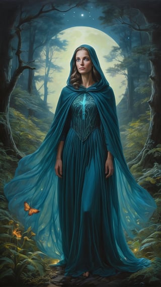 A stunning, hyper-realistic oil painting depicting a mysterious, ethereal forest filled with bioluminescent flora and fauna, under a moonlit sky, with a solitary figure, dressed in a cloak, emerging from the shadows, a sense of longing and wonder in her eyes, as she gazes upon the enchanting scene, surrounded by a halo of soft, glowing light. (Style: Bioluminescent)