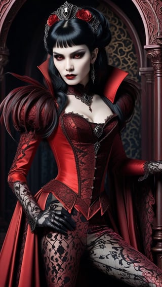 A seductive vampire in a sultry red ensemble, surrounded by the status of gothic seraphs, exudes an enchanting allure at Fangtasia's secret vampire lair. The scene is set in intricate rococo patterns, with feathery details and a silky serigraphy background that beautifully captures the old-world charm of the supernatural haven.