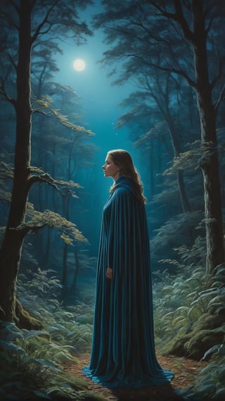 A stunning, hyper-realistic oil painting depicting a mysterious, ethereal forest filled with bioluminescent flora and fauna, under a moonlit sky, with a solitary figure, dressed in a cloak, emerging from the shadows, a sense of longing and wonder in her eyes, as she gazes upon the enchanting scene, surrounded by a halo of soft, glowing light. (Style: Bioluminescent)