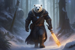 cinematic scene, full-length, anthro Polar Bear with a fully white furred face dressed in fantasy D&D style blacksmith clothing,  moving through an ancient forest, ancient Glove on hand, face radiant with wisdom and intelligence, heroic competence and mystery, the blacksmithis healthy and grim and impressive, softly-illuminated,Extremely Realistic,fairytale environment,anthro,furry. No weapons.