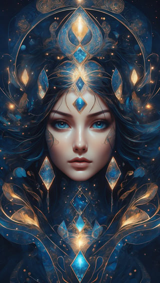 abstract portrait of beatiful girl in tarot cards style. Intricate detail, merge mystery of taro and endless beauty of space. Dark palette, artwork, crisp lines, rough aesthetics, masterpiece, abstract, surrealism,DonMMy51ic4lXL