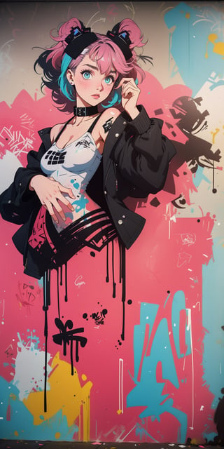 2D, (Margo Robbie, graffiti on the wall:1.5), casual outfit, vibrant, detailed, close up, very attractive, sport figure, abstract, masterpiece, high quality, (street art style:1.2), (blended black and pink hair:1.3), bright blue eyes, splatoon colors, dynamic pose, graffitiStyle,highres