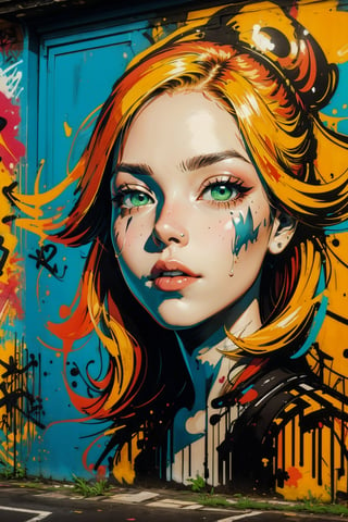 2D, (graffiti of woman:1.5), casual outfit, vibrant, detailed, close up, very attractive, sport figure, abstract, masterpiece, high quality, (street art style:1.2), (blended red and yellow hair:1.3), bright blue eyes, splatoon colors, dynamic pose, graffitiStyle,highres,Anime,graffitiStyle