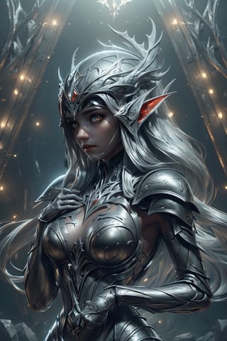 (masterpiece, top quality, best quality, mature content, beautiful and aesthetic:, high definition), in full view, stay, melancholy attitude, vampire woman, 25 years old, grey hair, fancy room, beautiful face, earring, (full armor \black and red\), hold helmet, high heels,horror,girl, (dark_wings \back\), two hands,wrench_elven_archDonMSt33lM4g1c, open_face