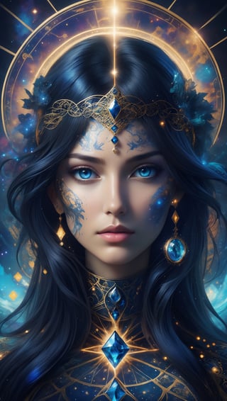 abstract portrait of beatiful girl in tarot cards style. Intricate detail, merge mystery of taro and endless beauty of space. Dark palette, artwork, crisp lines, rough aesthetics, masterpiece, abstract, surrealism,DonMMy51ic4lXL, 