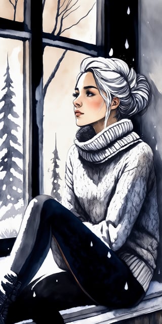 (masterpiece, high quality, 8K, high_res), ((ink lines and watercolor wash)),
homemade photoshot, melancholy embience, beautiful girl sits on the windowsill and looks out the window, loose knitted turtleneck sweater, monochrome picture,
sad, beautiful, elegant, very detailed, establishing shot, The winter forest is visible from the window