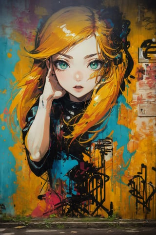 2D, (graffiti of woman:1.5), casual outfit, vibrant, detailed, close up, very attractive, sport figure, abstract, masterpiece, high quality, (street art style:1.2), (blended red and yellow hair:1.3), bright blue eyes, splatoon colors, dynamic pose, graffitiStyle,highres,Anime,graffitiStyle