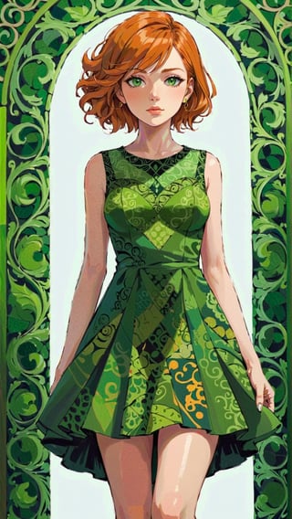 Create abtract picture, where the beautiful woman will center of composition, Create her as ginger girl with green eyes, she wear beautiful olive dress with inticate geometry ornament and fashion high heels. We see subject from behind. Male her haircut is fashion and elegant. Use abtract style, surrealism, zentangle, vibrant colors. Picture should be oil painted, viewer should think that as movie cover.,ANIME