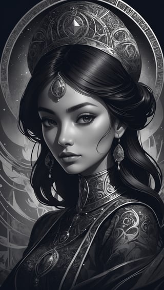 abstract portrait of beatiful girl in tarot cards style. Intricate detail, merge mystery of taro and elegant style of the best dark style artists. Dark palette, artwork, crisp lines, rough aesthetics, masterpiece, abstract, surrealism