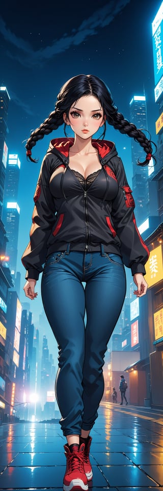 1 young woman, beautiful and attractive and seductive, high detailed jacket with hood, hood on the head, bra under the hood, jeans, dynamic pose, black hair with braid, pale orihalk eyes, dark colors. high contrast, detailed night city background, masterpiece, high quality, (((4K))), fushion of cartoon and korean comic styles, influence by the best comic artists, by badabum27,ULTIMATE LOGO MAKER [XL],LOGO,Decora_SWstyle