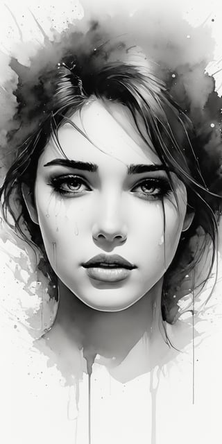 (masterpiece, high quality, 8K, high_res), 
ultra detailed illustration, ((ink drawning and pencil shading)),
abstact image of beatiful young woman with sad slight smile and a makeup smeared from tears,
the picture tells the story of a breakup, when the heroine hears rumors about the happiness of her former love and she experiences conflicting feelings. On the one hand, she doesn’t want him to be happy, because she is no longer in his life, but on the other hand, she is glad that he found the strength to move on, while she still could not do this.
The image should be sensual, melancholy, beautiful and understandable. The simple execution should contain a story that touches the soul and evokes emotions. The motive of teenage love and infantilism is suitable, when sincere feelings lead to contradiction with oneself.,sad,fflixmj6