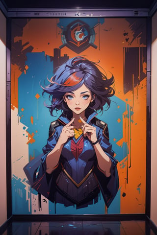 2D, (Zayra \League of Legend\, picture on the wall, solo: 1.5), casual outfit, vibrant, detailed, close up, very attractive, sport figure, abstract, masterpiece, high quality, (street art style, graffiti:1.2), (blended purple and orange and blue hair:1.3), bright blue eyes, splatoon colors, dynamic pose, graffitiStyle,