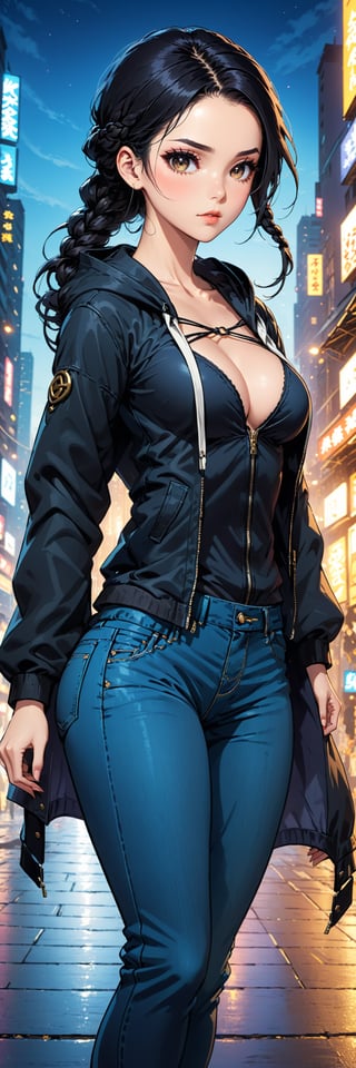 1 young woman, beautiful and attractive and seductive, high detailed jacket with hood, hood on the head, bra under the hood, jeans, dynamic pose, black hair with braid, pale orihalk eyes, dark colors. high contrast, fit figure, detailed night city background, masterpiece, high quality, (((4K))), fushion of cartoon and korean comic styles, influence by the best comic artists, by badabum27,ULTIMATE LOGO MAKER [XL],LOGO,Decora_SWstyle