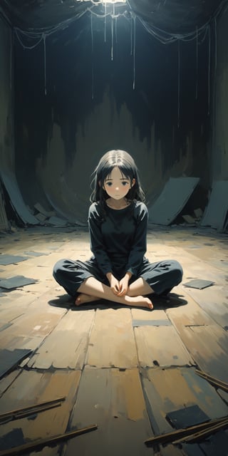 (masterpiece, high quality, 8K, high_res), 
extremely detailed illustration, abstract picture, symbolism, sensual, dark, dramatic, sad, psyholigic,
an empty room with black walls and white text on them, a girl sits in the center of the room, her pose expresses despair and depression,
The room itself symbolizes the place in her mind where she hid all her regrets, fears, doubts, which are expressed in the form of text on the walls, and her being in this room signifies her attempts to cope with mental problems. The desperation pose suggests that she can't handle it. The film raises the theme of loneliness and the inability to cope with depression personally, that everyone needs help and courage to share their problems with others.,ghibli