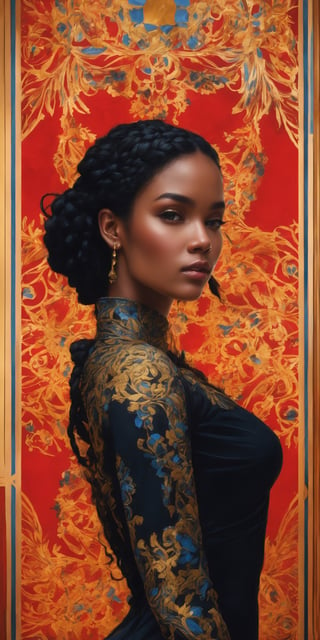 masterpiece, high quality, artwork, surrealism, abstract, absurdes, (upper_body_portrait of beautiful woman:1.5), black hair, braids, blue eyes, (black dress with gold intricate ornament:1.5), (intricate ornamental background with red and blue colors:1.2), perfect breast, pastel colors, oil painted, atrgerm, trending on ArtStation ,ANIME